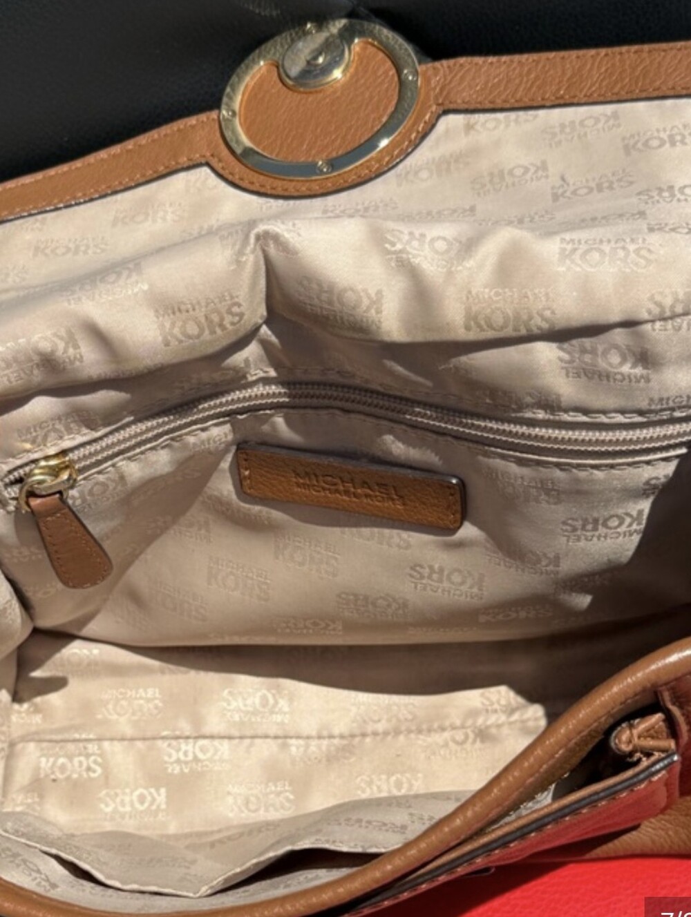 Michael Kors Tan Leather Crossbody with Gold MK Emblem - Picture 7 of 8